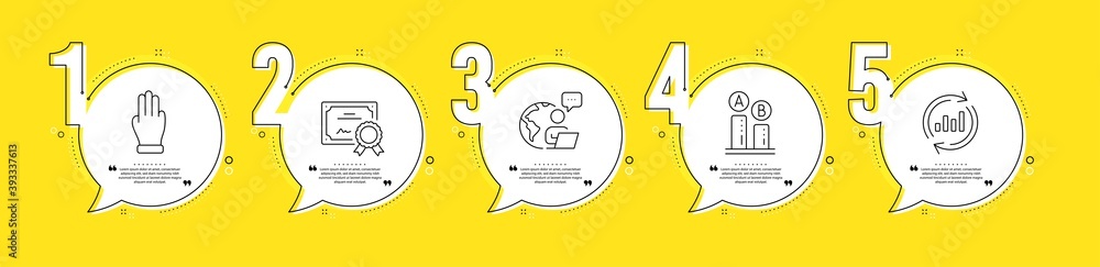 Poster certificate, three fingers and ab testing line icons set. timeline process infograph. update data si