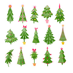 Set of Christmas Trees in different design. Colorful vector isolated illustration in flat style for holiday decoration of poster, postcard, presents, advertising, booklets ets.