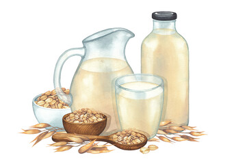 Watercolor glass, jug and bottle of the plant based milk surrounded by spoon and bowls of oat