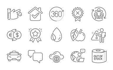 Toilet paper, Taxi and Apple line icons set. Reject medal, 360 degrees and Leaf dew signs. Speech bubble, Money exchange and Teamwork symbols. Line icons set. Vector