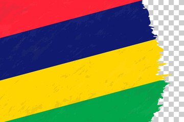 Horizontal Abstract Grunge Brushed Flag of Mauritius on Transparent Grid.