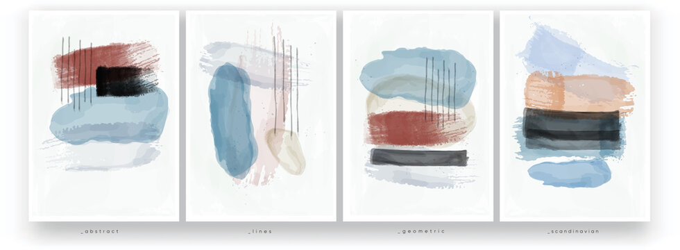 A set of vector illustrations. Abstract watercolor painting. Minimalistic style, pastel colors, Scandinavian style. Brush strokes and lines drawn with a brush. 