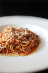 spaghetti Bolognese with minced beef and tomato sauce