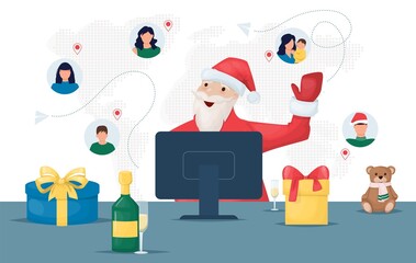 Santa Claus work online on his computer. World map. Santa is looking for gifts on Internet