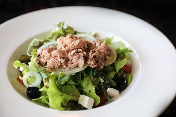 Tuna salad appetizer on wood background