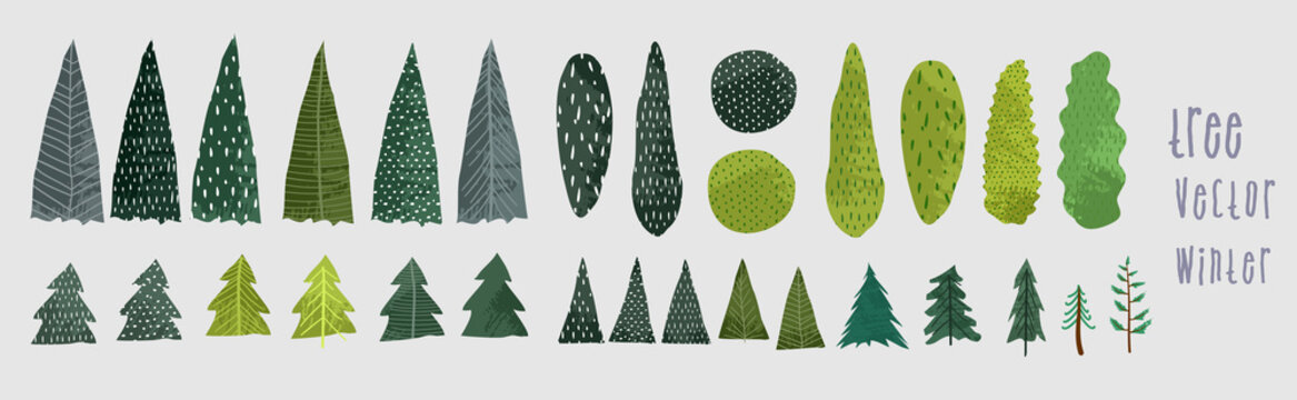 Vector illustration. Winter stylized Christmas trees and pines. Hand drawn trees doodle set collection,  different trees in scandinavian style.