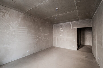 Russia, Moscow- April 17, 2020: interior room apartment rough repair for self-finishing. interior decoration, bare walls of the premises, stage of construction