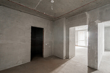 Russia, Moscow- April 17, 2020: interior room apartment rough repair for self-finishing. interior decoration, bare walls of the premises, stage of construction