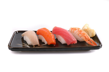 Sushi set , Japanese food sushi salmon tuna shrimp  and sea bass isolated in white background