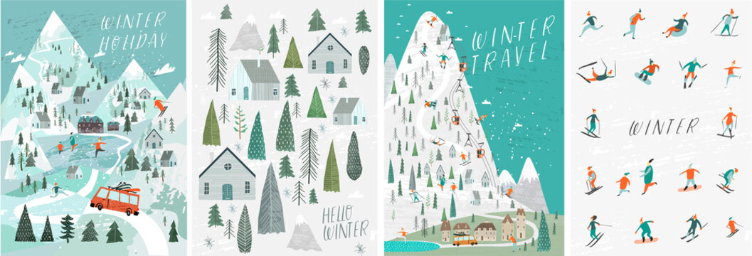 Set of vector illustrations. People in the winter in a hand-drawn Scandinavian style. Winter backgrounds, winter landscape, mountains, forests, ski resort, hotel and vacations.