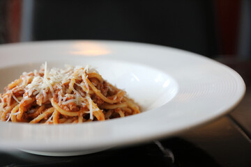 spaghetti Bolognese with minced beef and tomato sauce