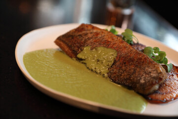 Sea bass fillet with pesto sauce