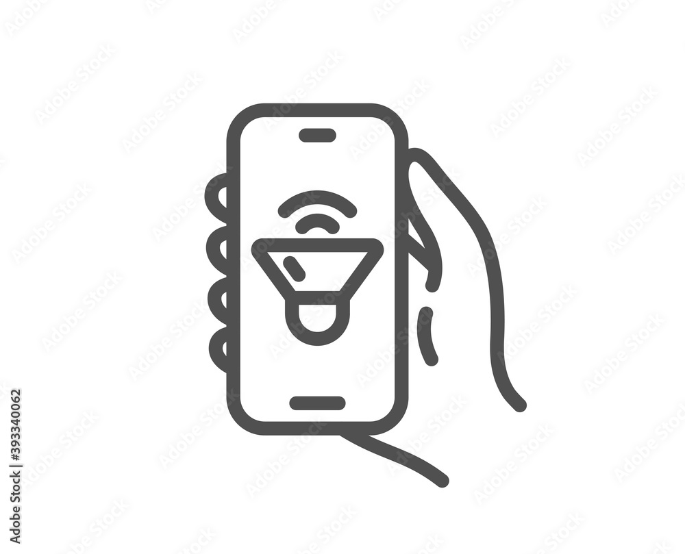 Poster music app line icon. hand hold phone sign. cellphone with screen notification symbol. quality design