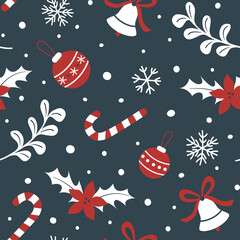 Christmas pattern. Christmas toys, candy canes, snowflakes, bells, poinsettia. Design for wrapping paper.