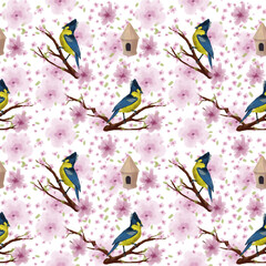 Seamless pattern -Spring illustration with great tit bird on blossom branch
