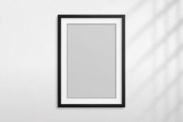 Mockup black frame photo. Shadow on wall. Mock up artwork picture framed. Vertical boarder. Empty board a4 photoframe. Modern stylish 3d border for design prints poster, blank, painting image. Vector