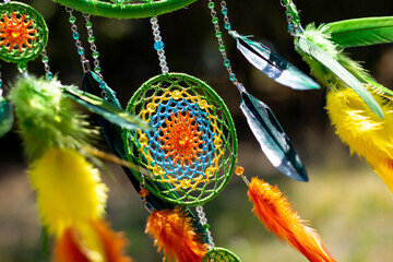 Handmade dream catcher with feathers threads and beads rope hanging