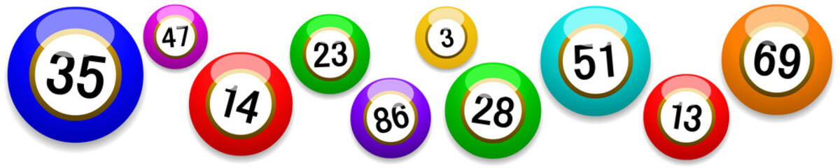 Bannière avec boules de loto multicolores sur fond blanc 