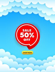 Sale 50% off sticker. Cloud sky background with offer message. Discount banner shape. Coupon bubble icon. Best advertising coupon cloud banner. Sale 50% badge shape. Blue sky background. Vector