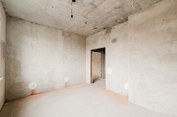 Russia, Moscow- April 17, 2020: interior room apartment rough repair for self-finishing. interior decoration, bare walls of the premises, stage of construction