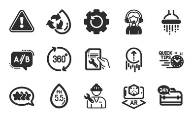 Stars, Ph neutral and Augmented reality icons simple set. Quick tips, Repairman and Recycle water signs. 360 degrees, Support and Recovery gear symbols. Swipe up, 24h service and Shower. Vector