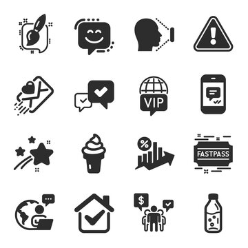 Set of Business icons, such as Face id, Fastpass, Loan percent symbols. Love letter, Teamwork, Water bottle signs. Ice cream, Smile face, Approve. Message, Vip internet, Painting brush. Vector