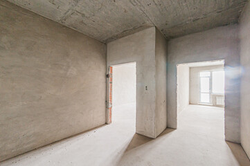 Russia, Moscow- April 17, 2020: interior room apartment rough repair for self-finishing. interior decoration, bare walls of the premises, stage of construction