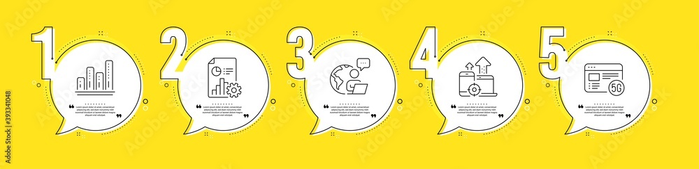 Poster 5g internet, Seo devices and Report line icons set. Timeline process infograph. Graph chart sign. Wifi quality, Mobile stats, Presentation document. Growth report. Science set. Vector