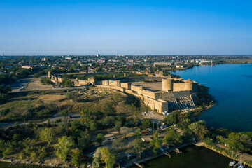 Fototapeta na wymiar Spectacular panorama of Medieval Akkerman fortress. Belgorod Dnestrovsky, Ukraine. Drone footage, morning golden hour.