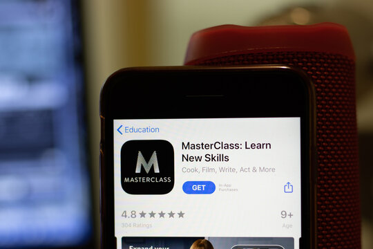 Los Angeles, California, USA - 16 April 2020: MasterClass Logo On Screen Close Up. App Store Icon Visible On Phone Display With Blurry Background, Illustrative Editorial