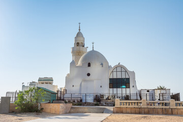 A white Al Rahmah mosque located at Jeddah Corniche, 30 km coastal resort area of Jeddah city with coastal road, recreation areas, pavilions and civic sculptures in Jeddah, Saudi Arabia