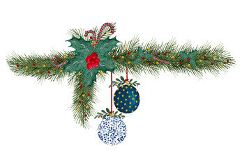 Christmas decorative garland with ornaments, fir tree branches, holly and berries, watercolor Christmas garland illustration for frames, cards, greetings or designs 