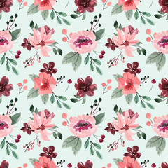Seamless Watercolor Pattern with Pink Flower and Green Background
