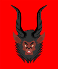 Krampus face Christmas devil. Evil demon. Punishes naughty children. Horned monster for new year and christmas