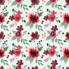 Seamless Watercolor Pattern with Red Maroon Peonies and Roses