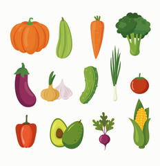 Fresh vegetables isolated on a white background.  Concept healthy food. Vector flat cartoon illustration.