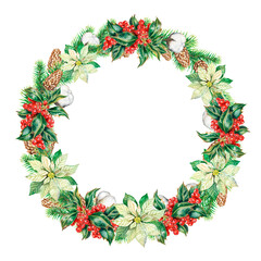 Christmas wreath with fir branches and poinsettia flowers watercolor illustration New Year, for holiday cards