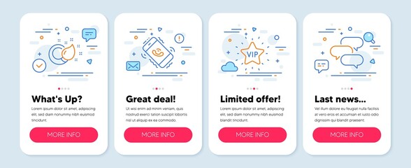 Obraz na płótnie Canvas Set of line icons, such as Paint brush, Call center, Vip star symbols. Mobile app mockup banners. Talk bubble line icons. Creativity, Phone support, Exclusive privilege. Chat message. Vector