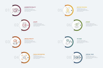 Infographic Augmented Reality template. Icons in different colors. Include Augmented Reality, Ar App, Virtual Reality, Facial Recognition and others.
