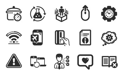 Love message, Cogwheel and Swipe up icons simple set. Technical info, Augmented reality and Payment card signs. Flight mode, Wifi and Third party symbols. Flat icons set. Vector