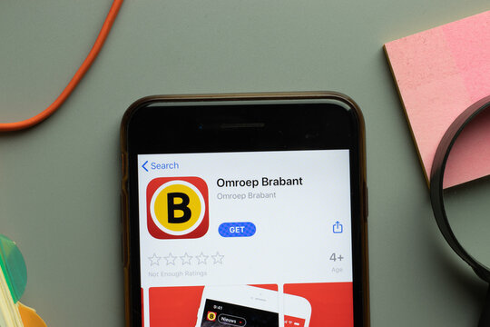 New York, USA - 26 October 2020: Omroep Brabant mobile app logo on phone screen close up, Illustrative Editorial