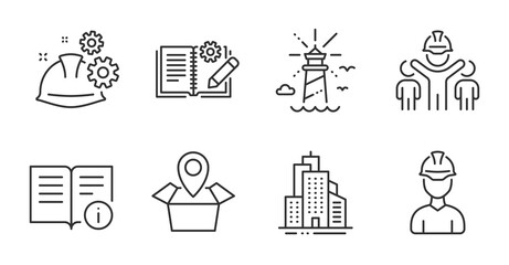 Foreman, Engineering documentation and Engineering team line icons set. Working process, Skyscraper buildings and Technical info signs. Package location, Lighthouse symbols. Quality line icons. Vector