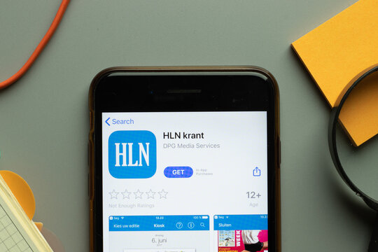 New York, USA - 26 October 2020: HLN Krant mobile app logo on phone screen close up, Illustrative Editorial