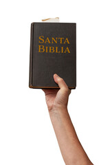 Naked arm raised into the air with hand reaching up holding the Santa Biblia - Holy Bible in Spanish with golden title on binding. Symbolic posture of prayer and worship. Isolated on white background.
