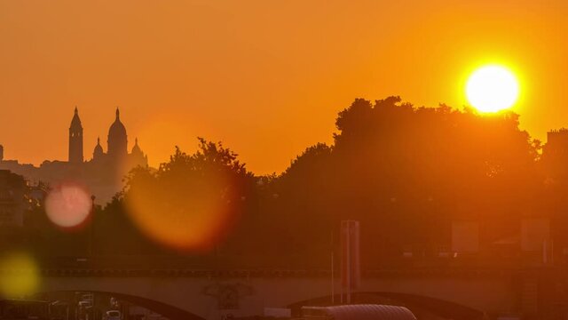 Bridge near Eiffel tower and the Seine river timelapse, Paris, France. Morning view from Bir-Hakeim bridge near Eiffel tower