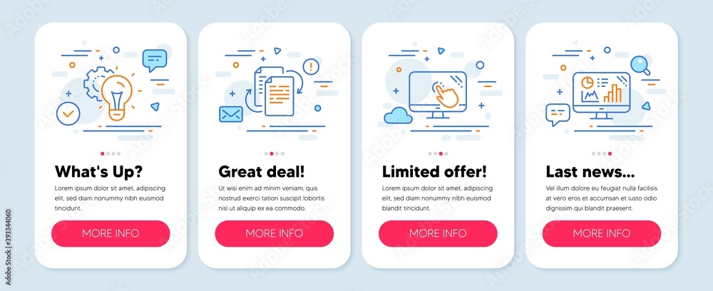 Poster set of science icons, such as bureaucracy, touch screen, idea gear symbols. mobile screen mockup ban