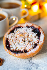 christmas cake sweet pastry biscuit cookie home baked dessert festive table setting holidays party new year gift tasty serving size portion top view copy space food background rustic