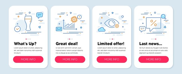 Set of line icons, such as Beer glass, Farsightedness, Coronavirus statistics symbols. Mobile screen mockup banners. Discount message line icons. Vector