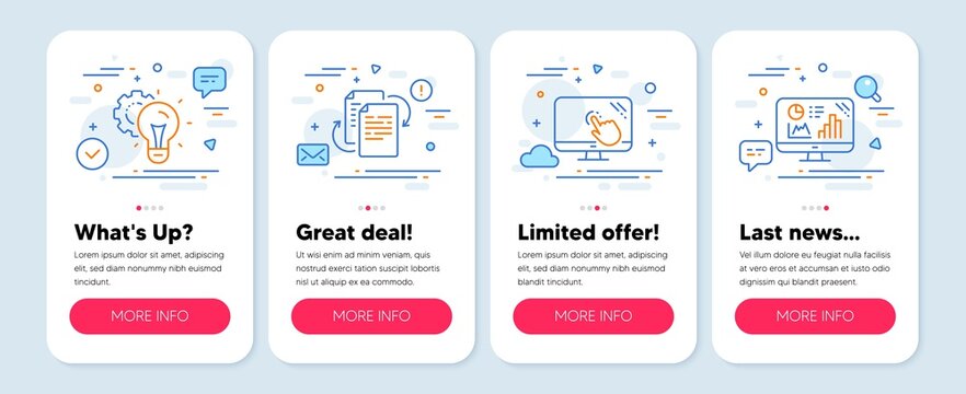 Set of Science icons, such as Bureaucracy, Touch screen, Idea gear symbols. Mobile screen mockup banners. Analytics graph line icons. Documents workflow, Web support, Technology process. Vector