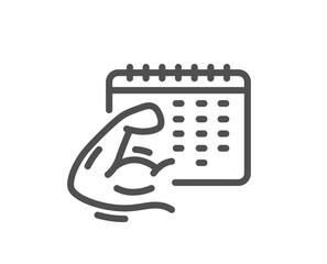 Fitness calendar line icon. Strong muscle arm sign. Gym fit training symbol. Quality design element. Linear style fitness calendar icon. Editable stroke. Vector